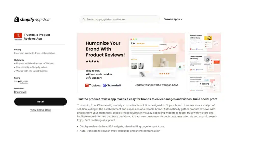 Trustoo.io app on the Shopify App Store.