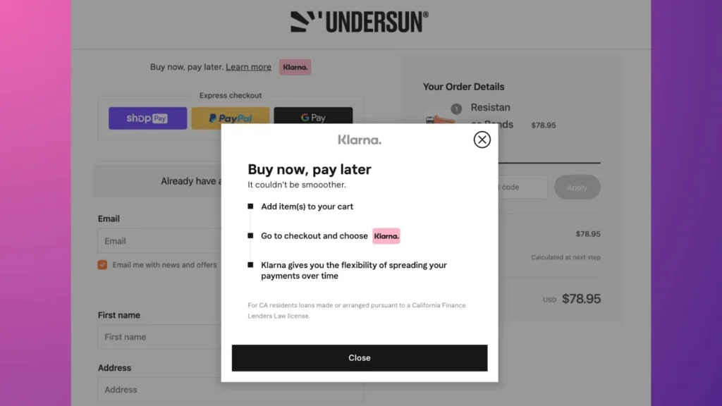 Undersun shows BNPL options on their checkout.