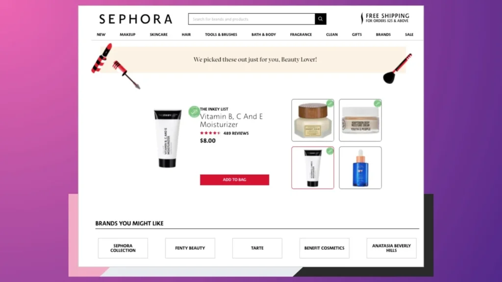 Sephora shows personalization recommendations for relevant products.