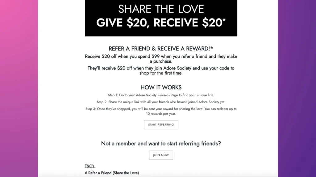 Adore Beauty’s referral landing page.