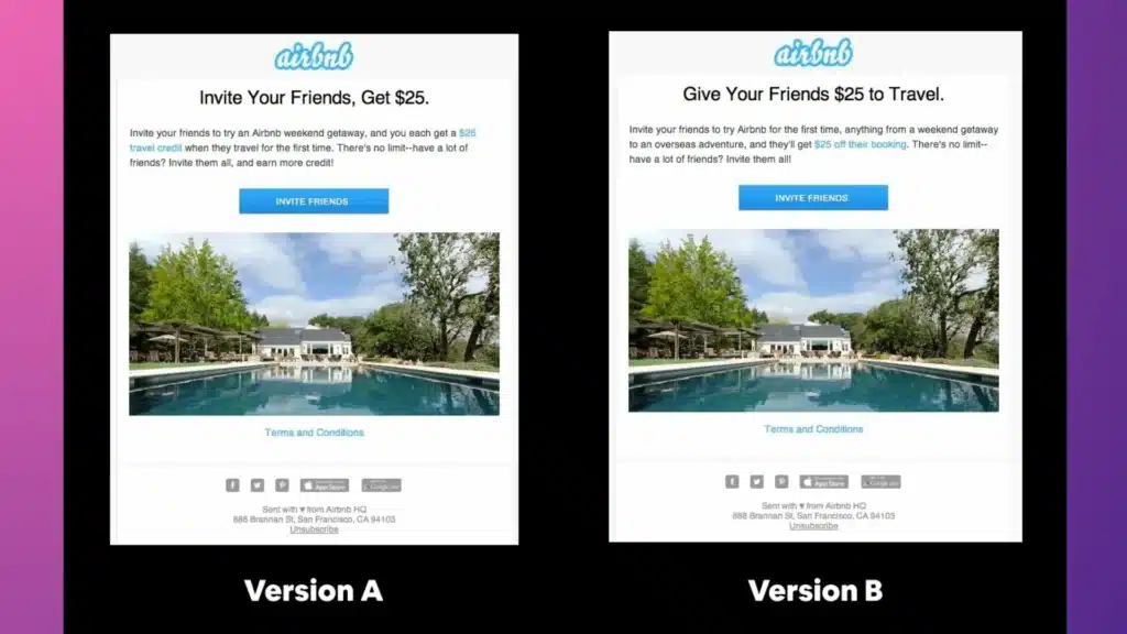 A/B testing of Airbnb referral emails.
