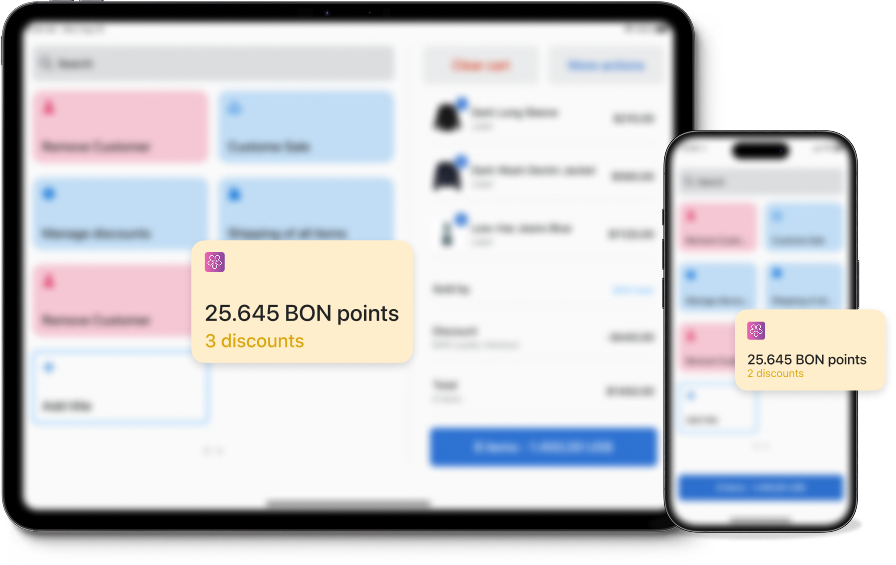 Shopify POS interface showing BON Loyalty points and discounts on desktop and mobile devices