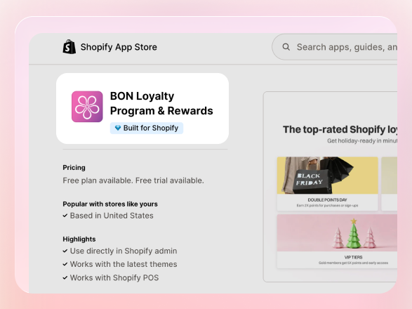 BON Loyalty loyalty program app listed on the Shopify App Store as a Built for Shopify solution